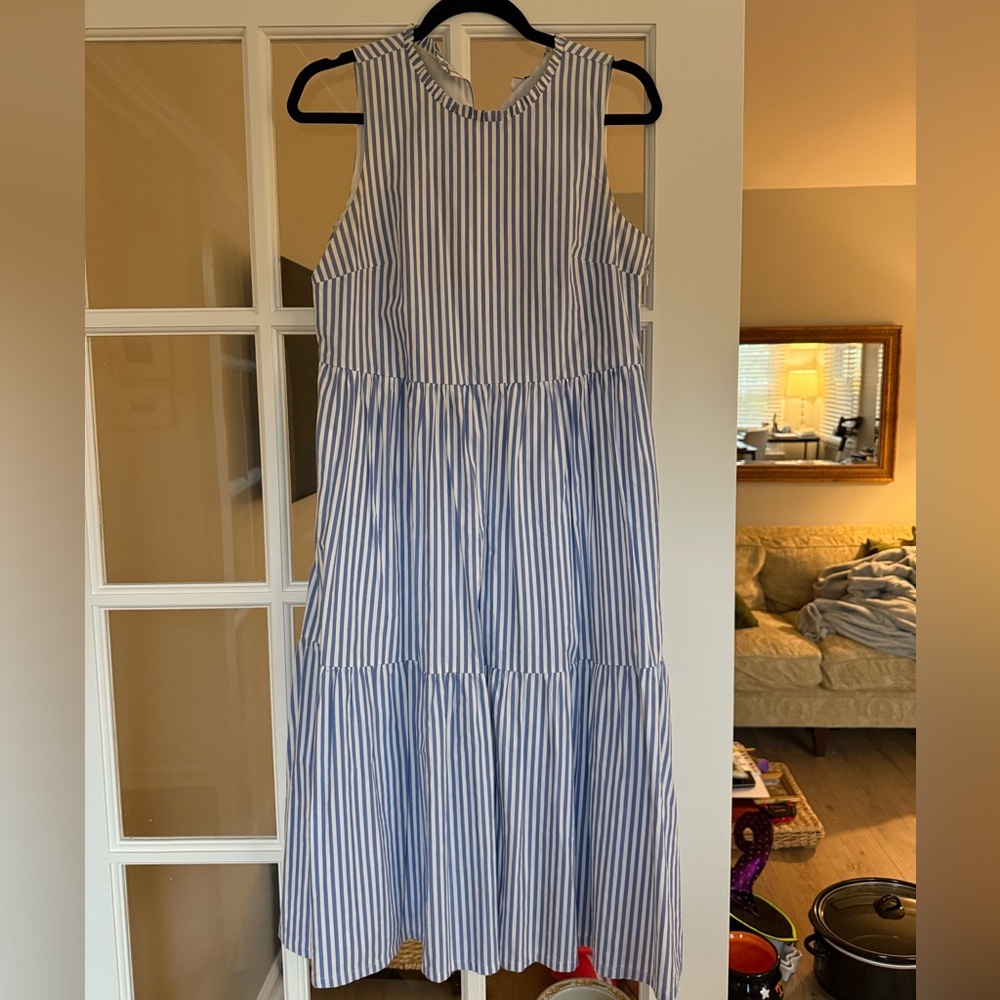 J. Crew Blue and White Striped Ruffle Dress